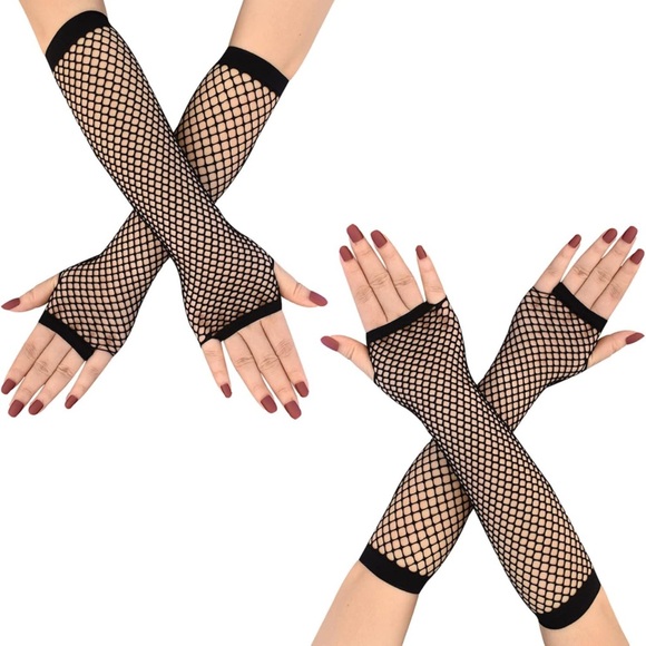❤️ Black Fishnet Long Arm Warmers Punk/Goth - Picture 4 of 5
